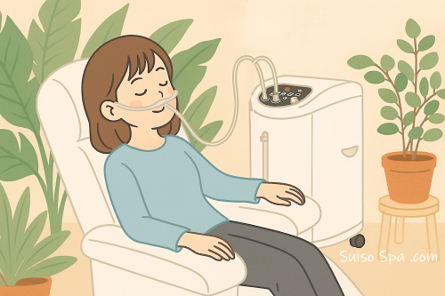 医療機関用水素ガス生成器を使って水素吸入する女性イラスト