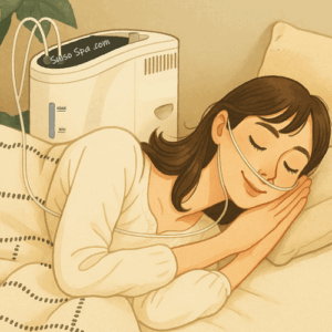 医療用水素ガス生成器を使って水素吸入しながら眠る女性のイラスト